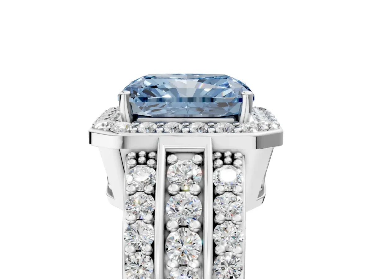 Fancy Blue Radiant Cut Halo Diamond Ring with Round Split Shank and Prong Setting Platinum