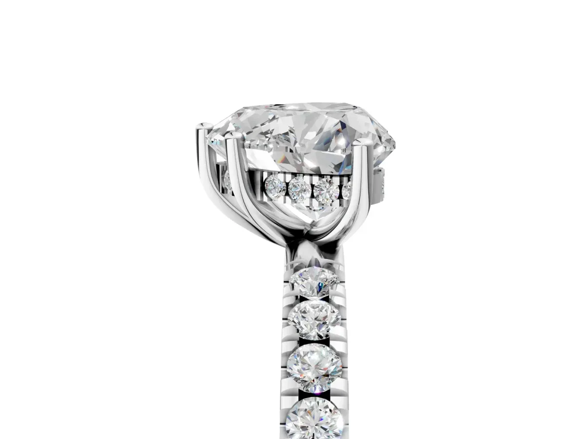 Heart Cut Diamond Pave Band Solitaire Ring with Round and Prong Setting Platinum