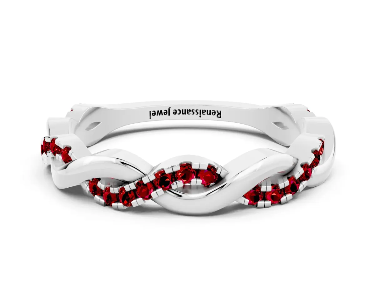 Round Ruby Twist Eternity Band with Pavé Setting White gold
