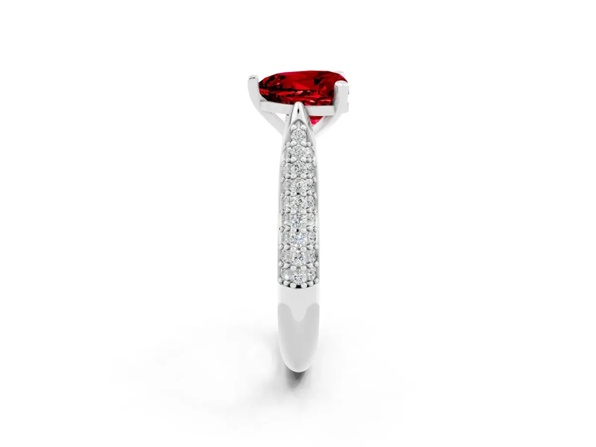 Heart Cut Ruby Solitaire Engagement Ring with Multi-Row Round Pavé Band and Prong Setting Platinum