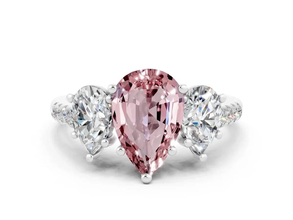 Three-Stone Pear Cut Morganite Ring with Round Pavé Band and Prong Setting Silver