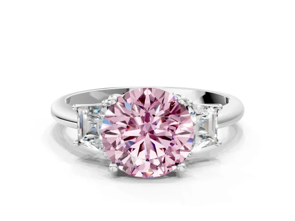 Fancy Pink Round Cut Diamond Three-Stone Ring with Trapezoid Side Stones and Prong Setting Platinum