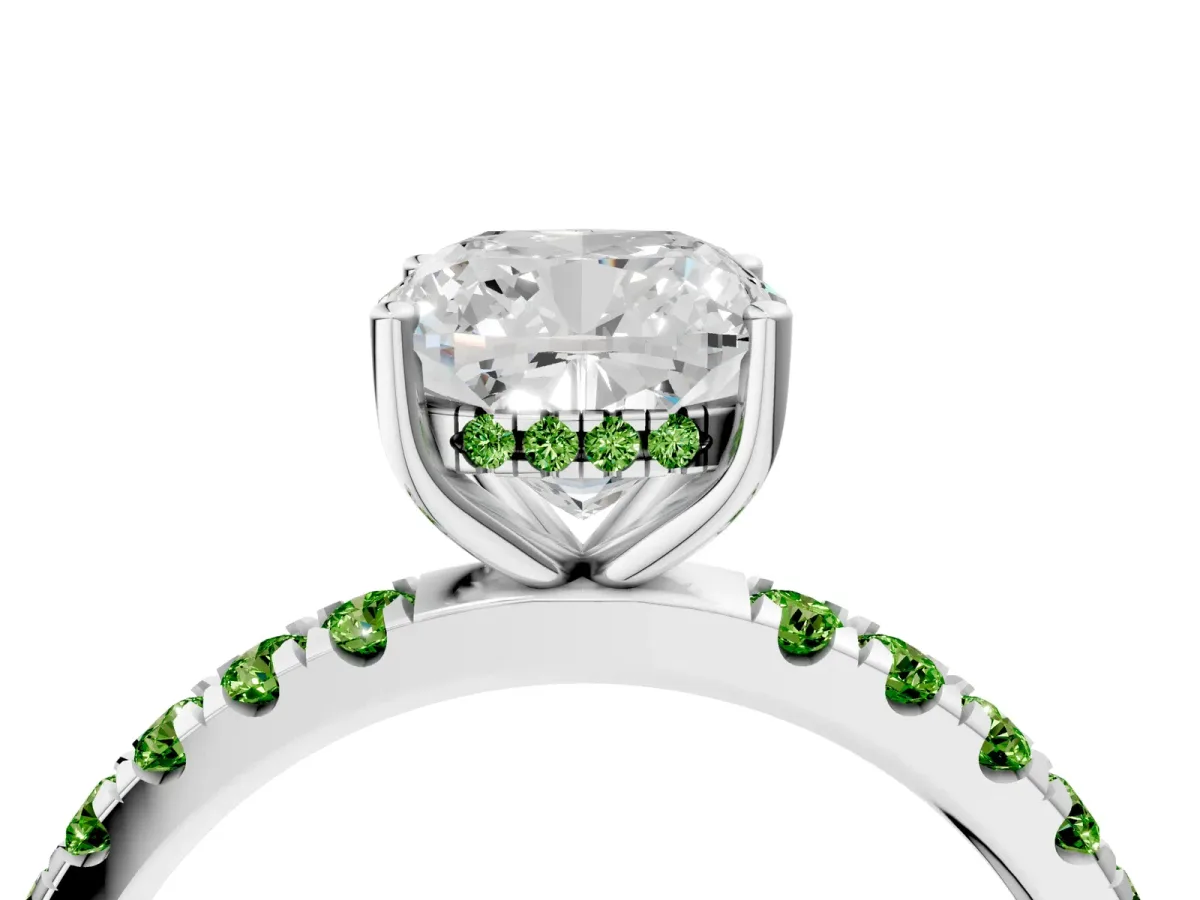 Cushion Cut Diamond Pave Band Solitaire Ring with Round Peridot and Prong Setting Silver