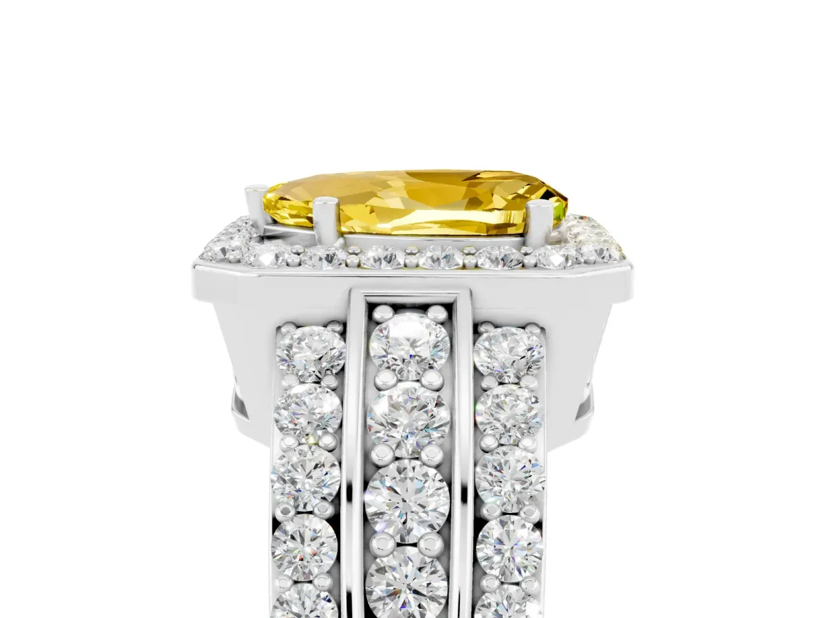 Pear Cut Halo Yellow Sapphire Ring with Round Split Shank and Prong Setting Platinum