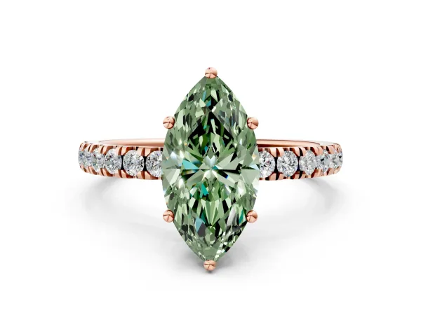 Fancy Green Marquise Cut Diamond Pave Band Solitaire Ring with Round and Prong Setting Rose gold