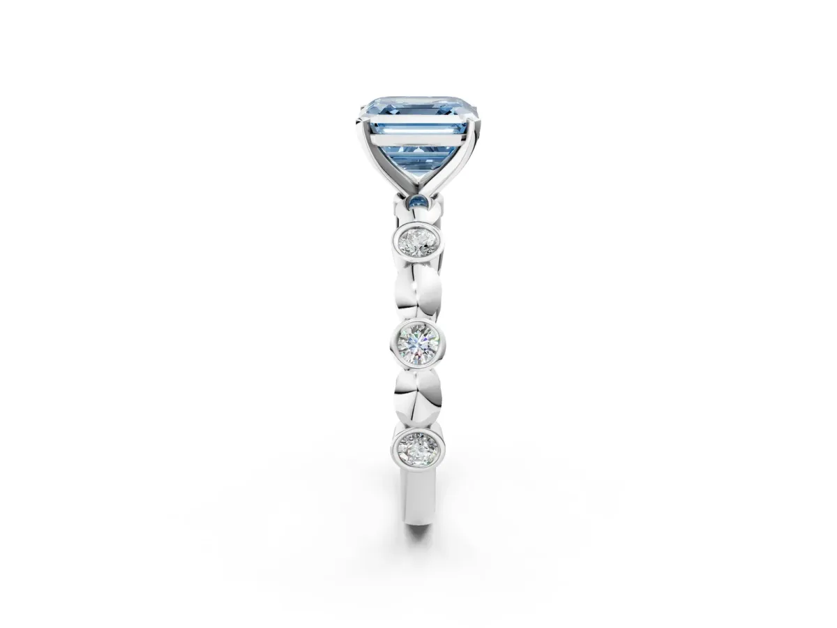 Fancy Blue Asscher Cut Solitaire Bezel-Set Diamond Ring with Beaded Band and Four-Prong Setting Platinum