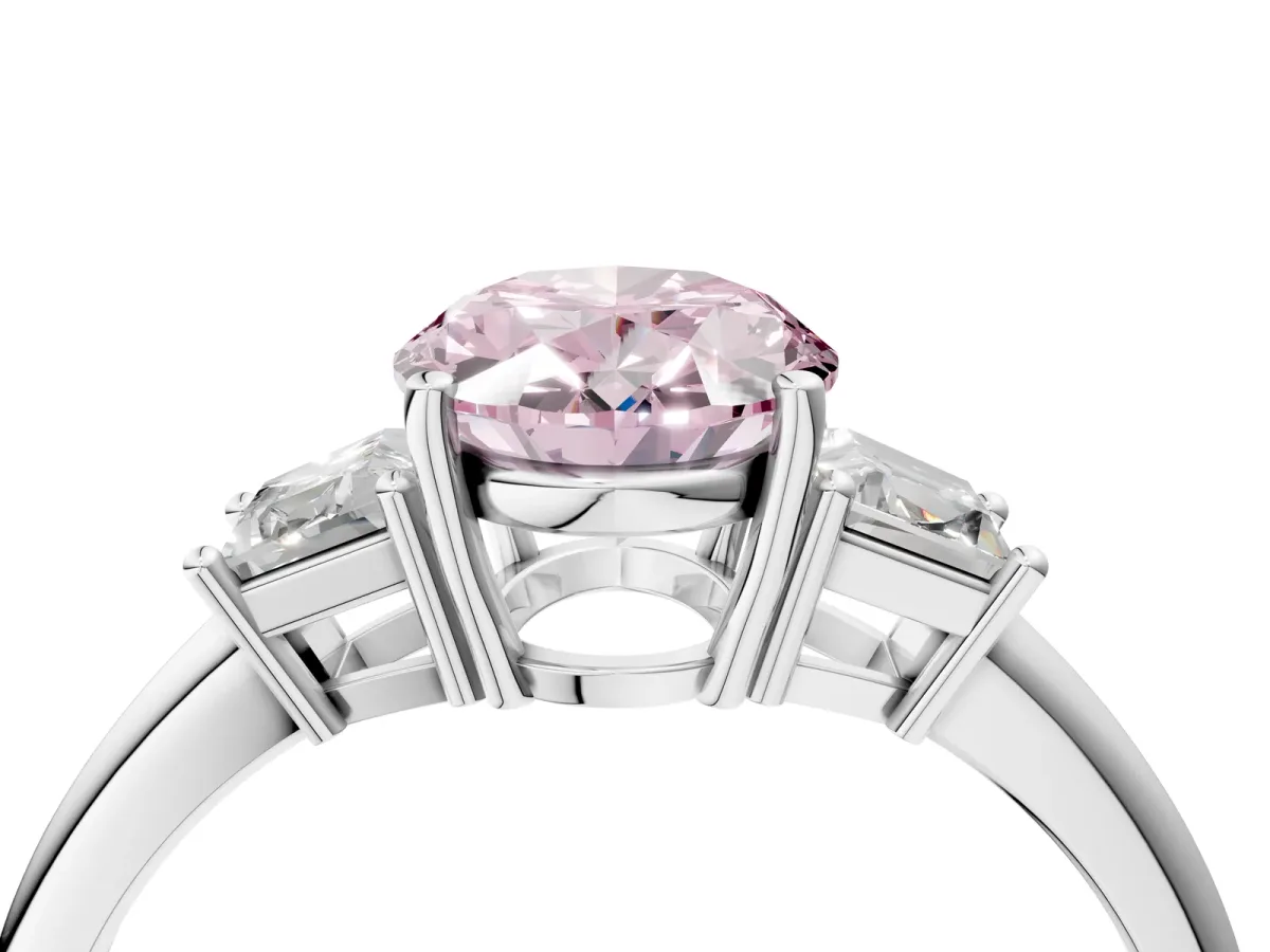 Fancy Pink Oval Cut Diamond Three-Stone Ring with Trapezoid Side Stones and Prong Setting Platinum