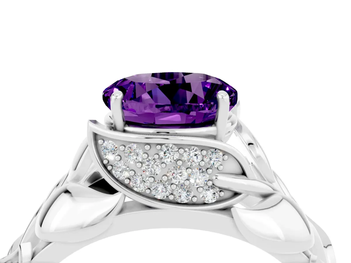 Round Cut Amethyst Leaf-Inspired Engagement Ring with Round Accents and Prong Setting Silver