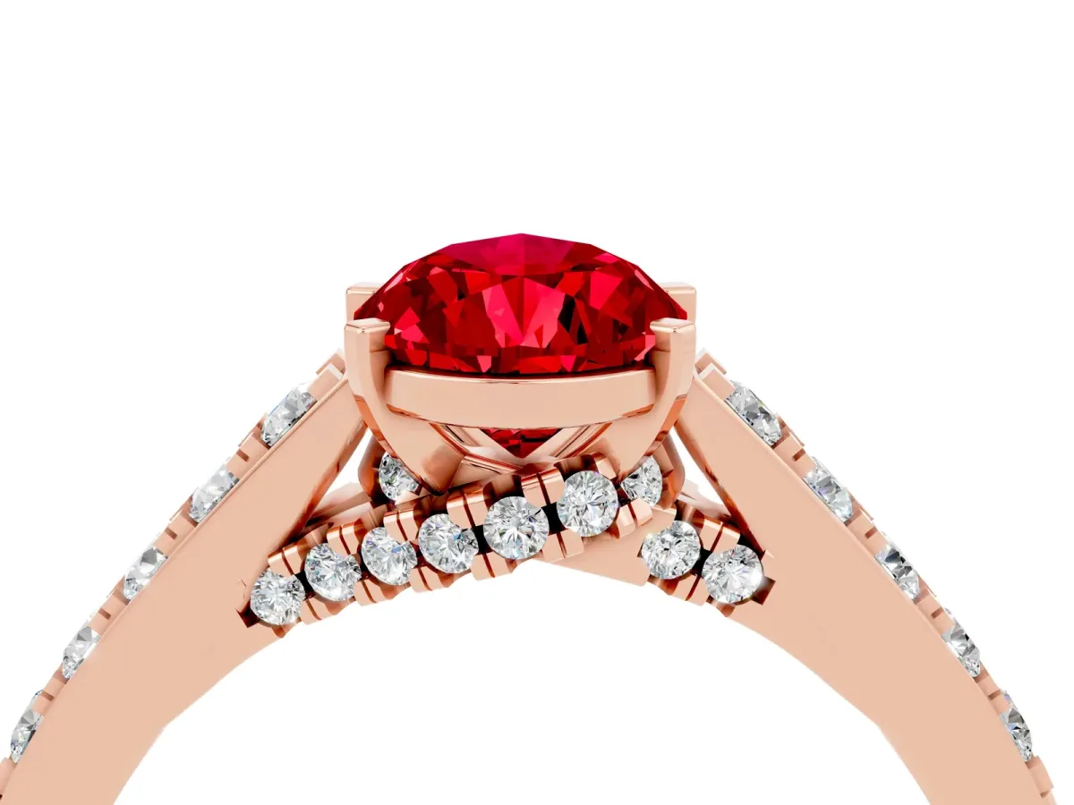 Pear Cut Ruby Solitaire Ring with Crossover Gallery and Round Pavé Band Rose gold