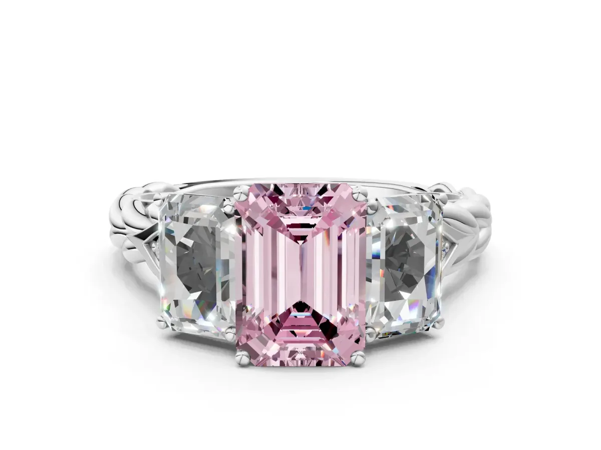 Fancy Pink Three-Stone Emerald Cut Diamond Braided Band Ring with Four-Prong Setting Platinum