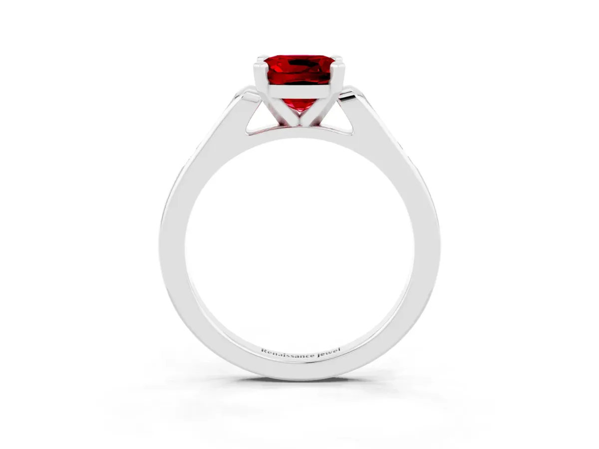 Cushion Cut Ruby Solitaire Ring with Channel Set Round Band and Prong Setting White gold