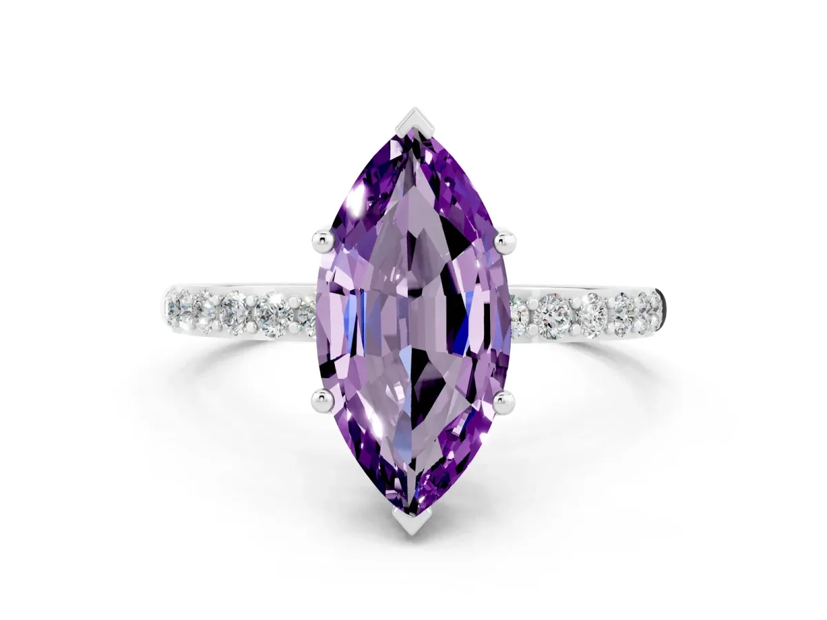 Marquise Cut Amethyst Solitaire Ring with Round Pavé Band and Prong Setting Silver