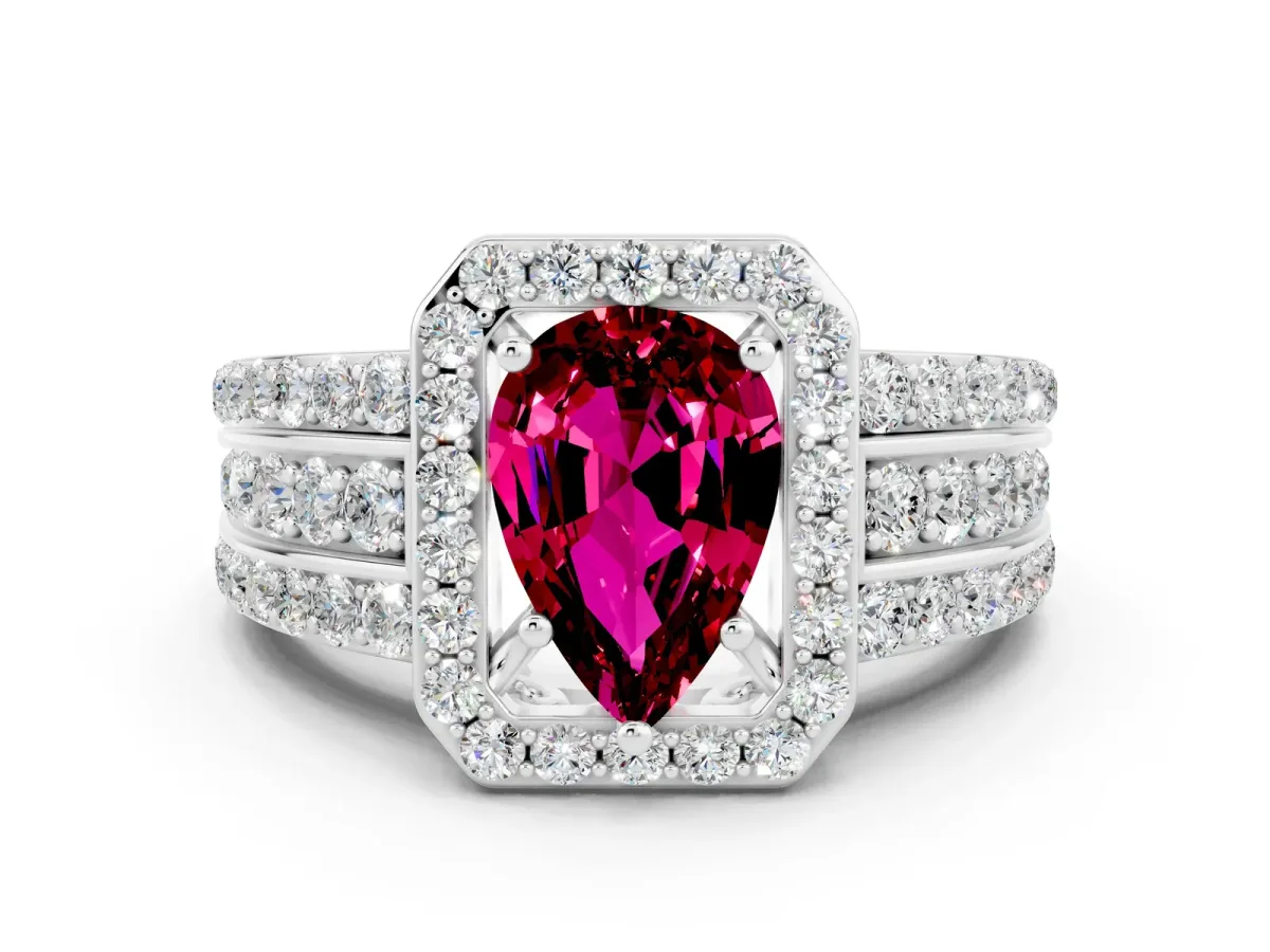 Pear Cut Halo Garnet Ring with Round Split Shank and Prong Setting White gold