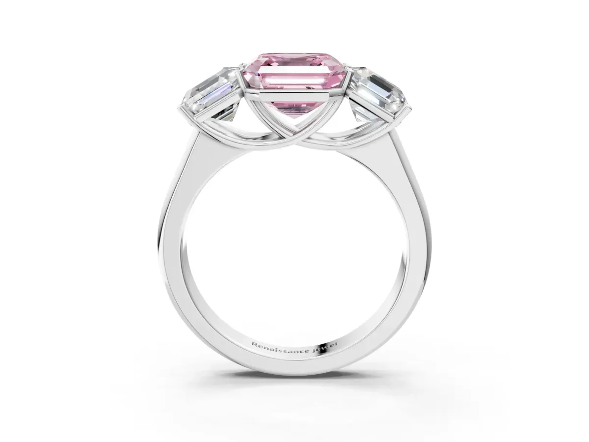 Fancy Pink Asscher Cut Three-Stone Diamond Ring with Prong Setting on a Classic Band Platinum