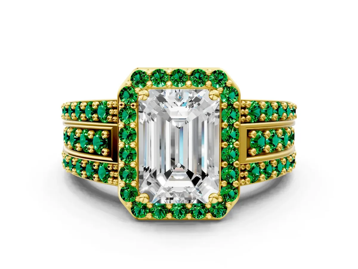 Emerald Cut Halo Diamond Ring with Round Emerald Split Shank and Prong Setting Yellow gold