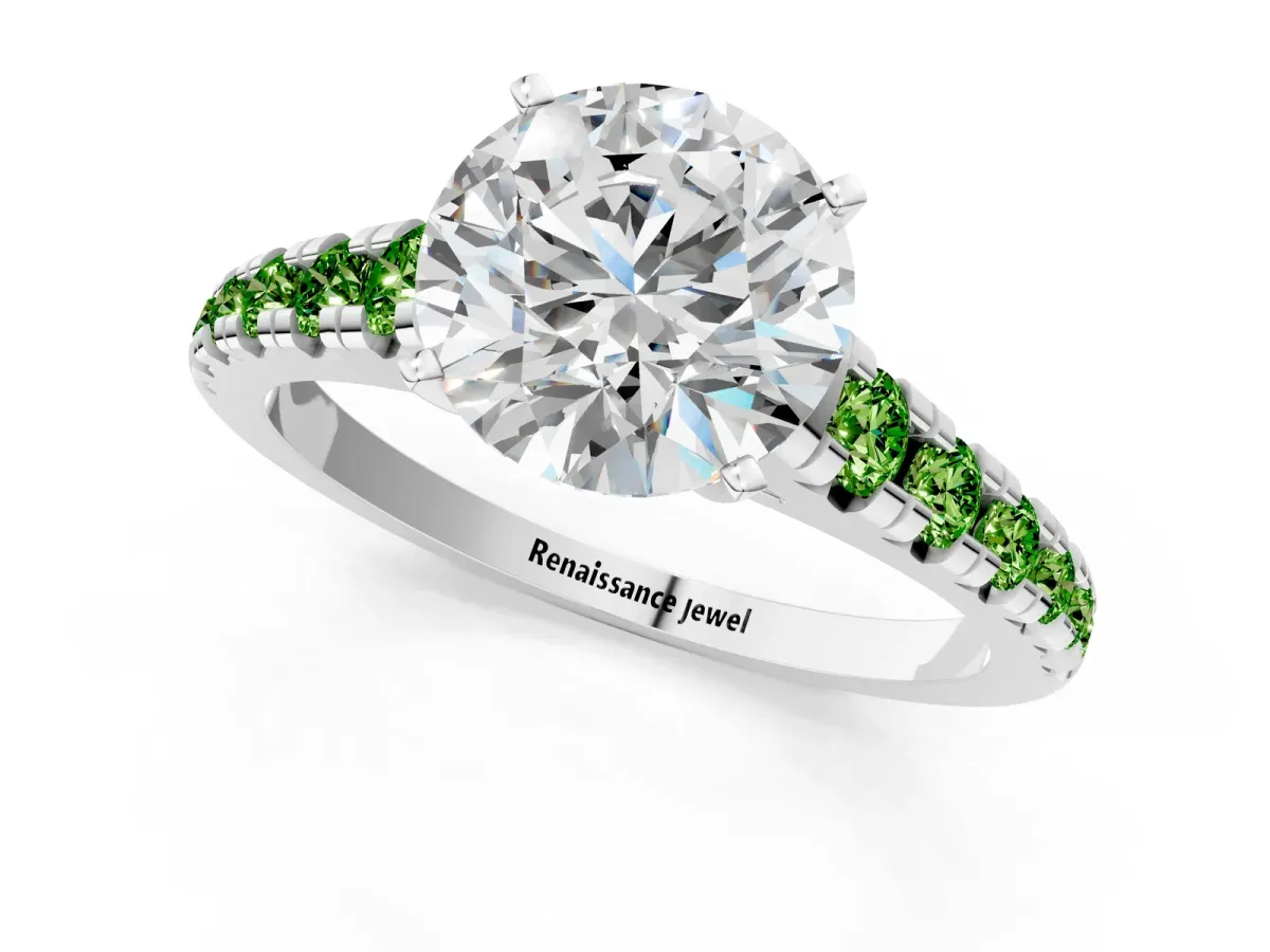 Round Cut Diamond Cathedral Solitaire Ring with Round Peridot Pavé Band Silver