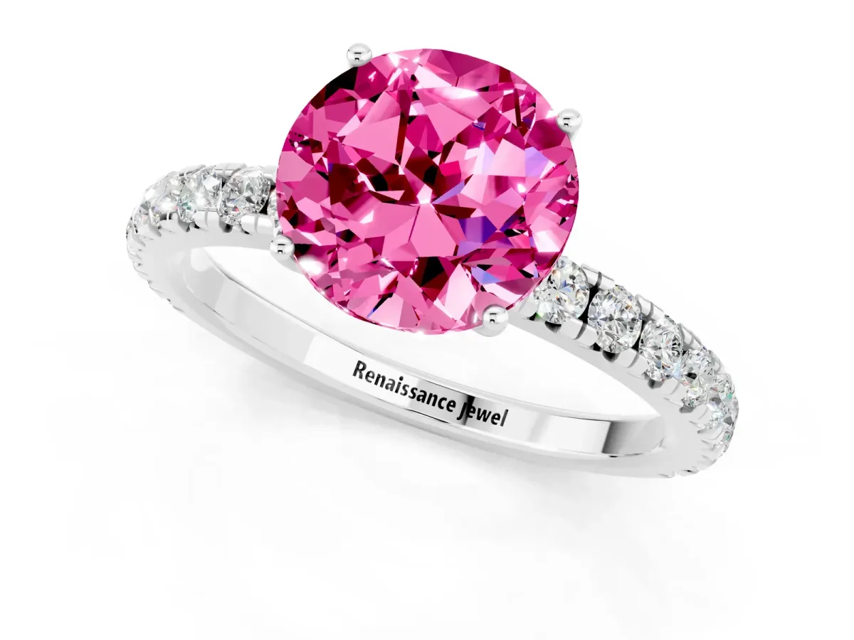 Round Cut Pink Sapphire Pavé Solitaire Engagement Ring with Four-Prong Setting Silver