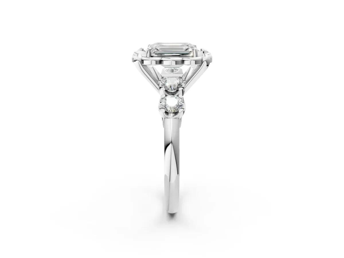 Emerald Cut Cut Diamond Floral Halo Engagement Ring with Shared Prong Setting Silver
