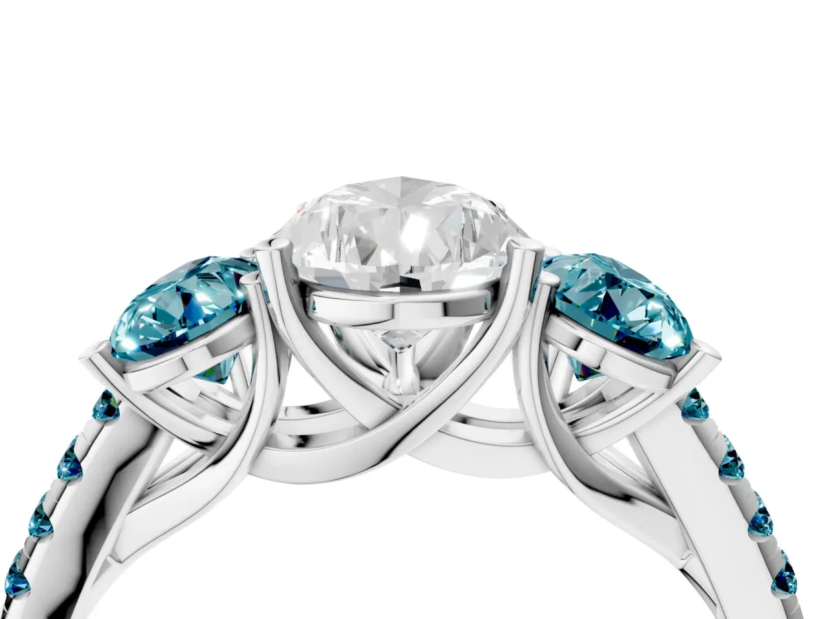 Three-Stone Pear Cut Diamond Ring with Round Blue Topaz Pavé Band and Prong Setting Silver