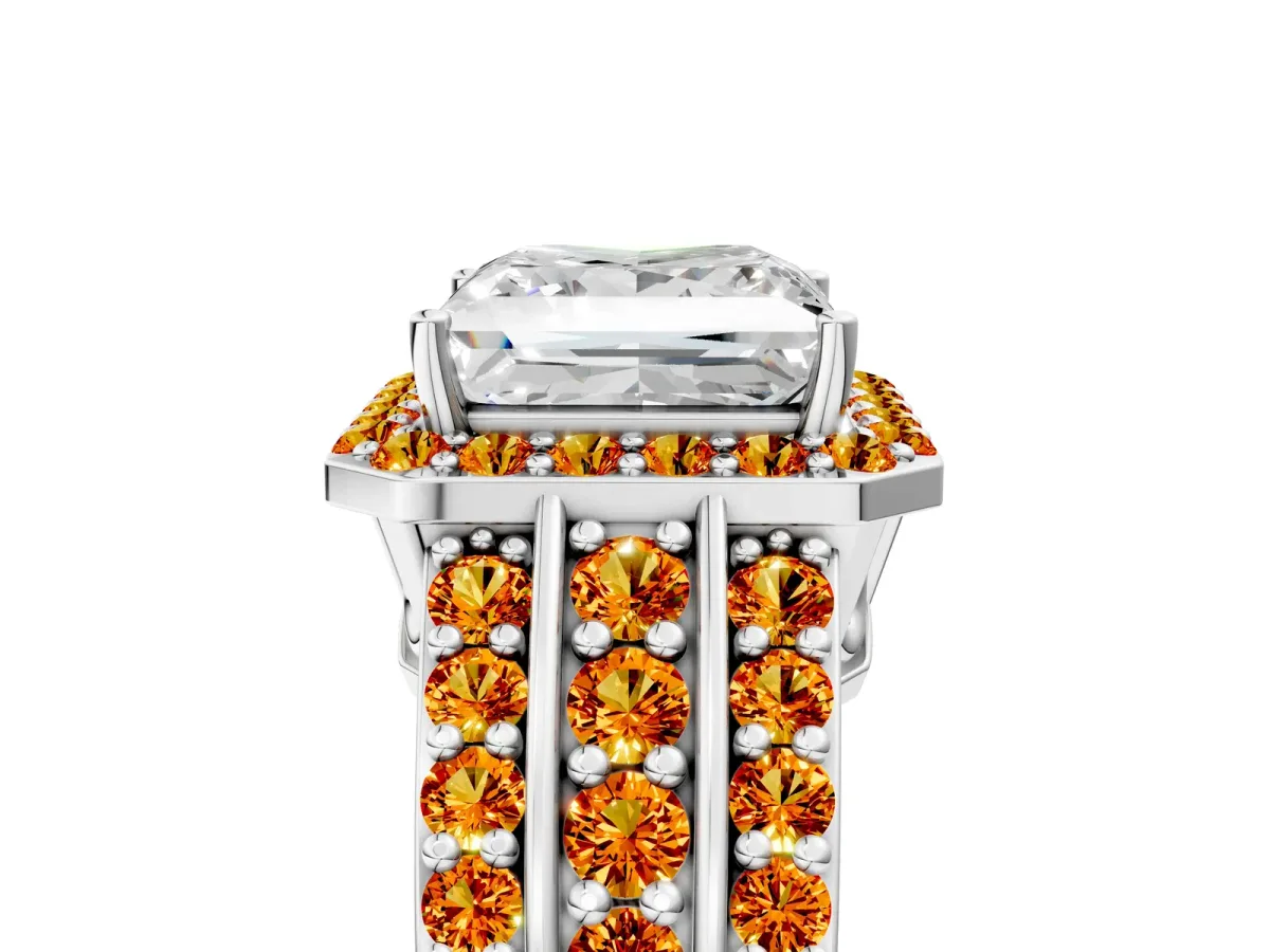 Princess Cut Halo Diamond Ring with Round Citrine Split Shank and Prong Setting Platinum