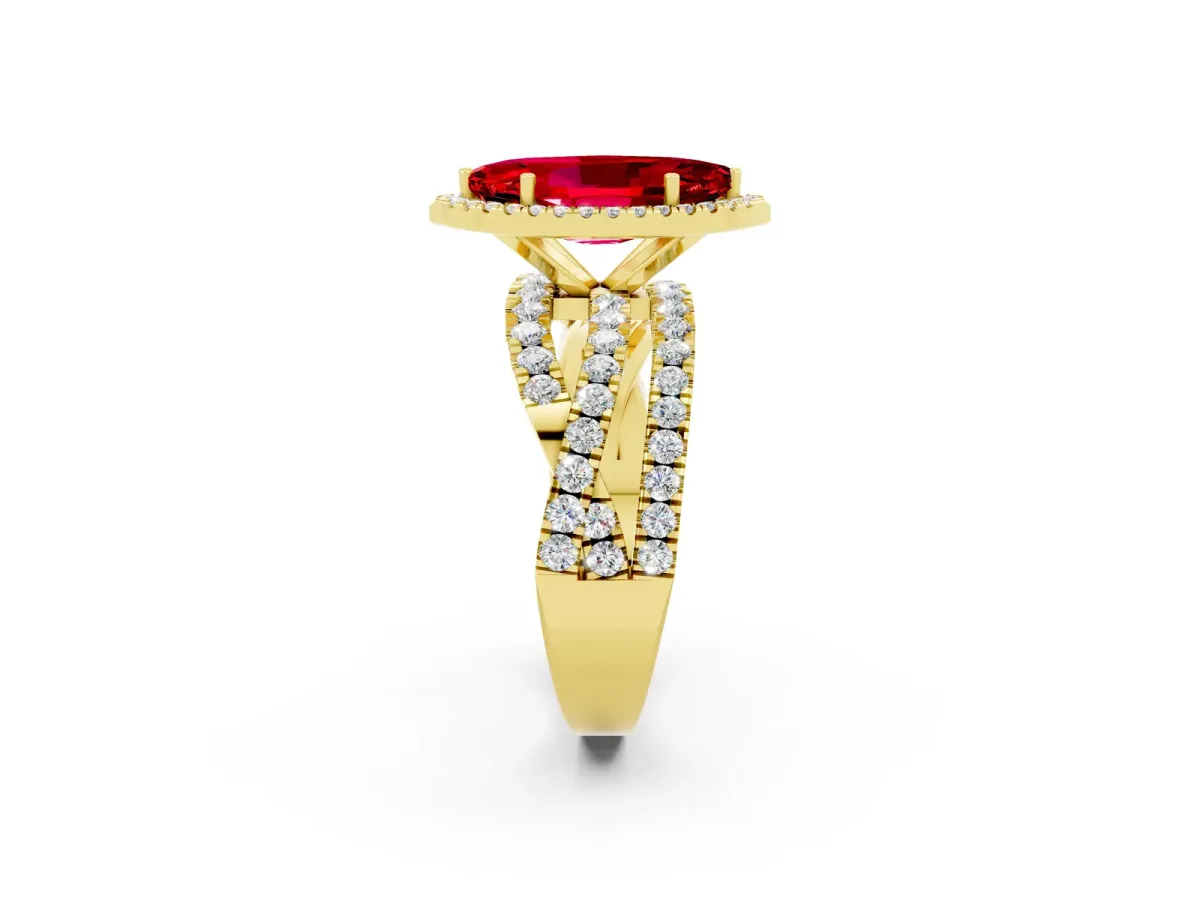 Marquise Cut Ruby Halo Ring with Round Split Shank and Prong Setting Yellow gold