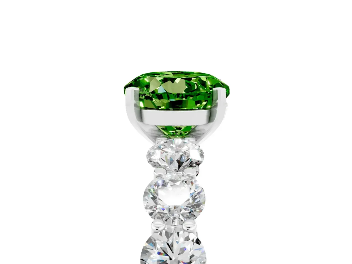 Round Cut Peridot Prong Setting with Side Stones on a Pave Band White gold