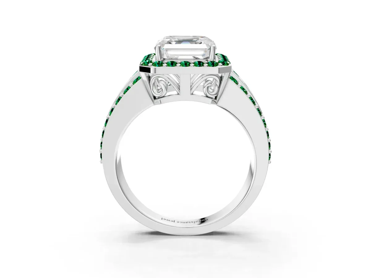 Asscher Cut Halo Diamond Ring with Round Emerald Split Shank and Prong Setting Silver