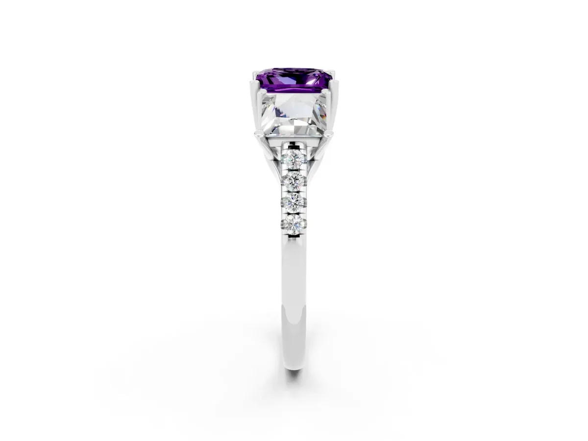 Three-Stone Princess Cut Amethyst Ring with Round Pavé Band and Prong Setting Silver