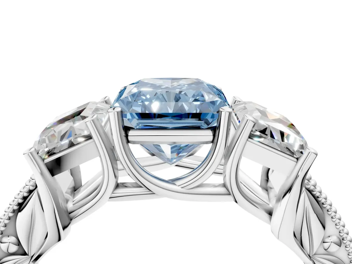 Fancy Blue Three-Stone Radiant Cut Cut Milgrain Pavé Engagement Ring Platinum