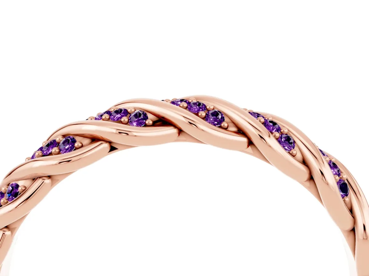 Twisted Pavé Round Amethyst Eternity Band with Shared Prong Setting Rose gold