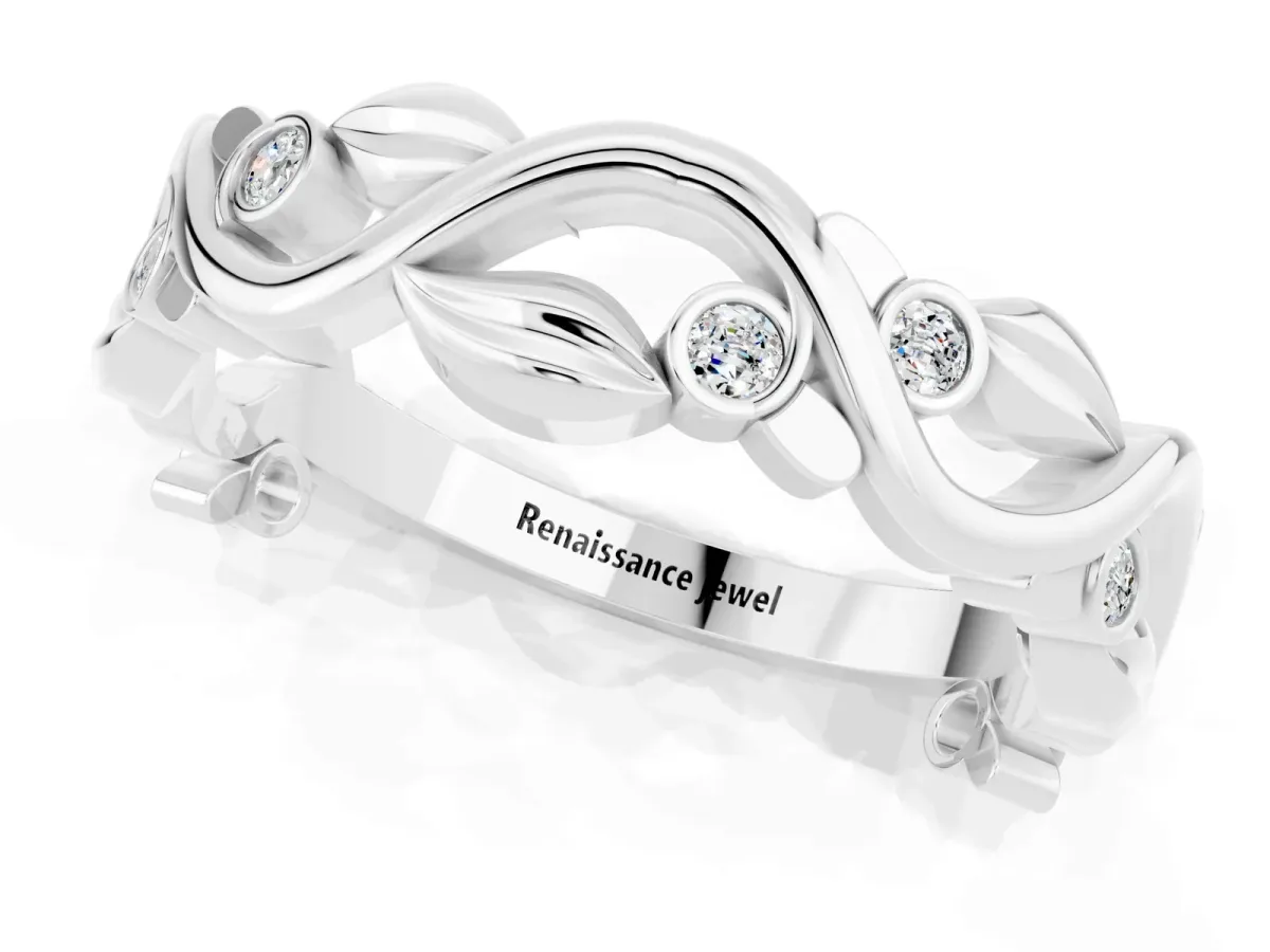 Round Moissanite Leaf Eternity Band with Bezel Setting White gold