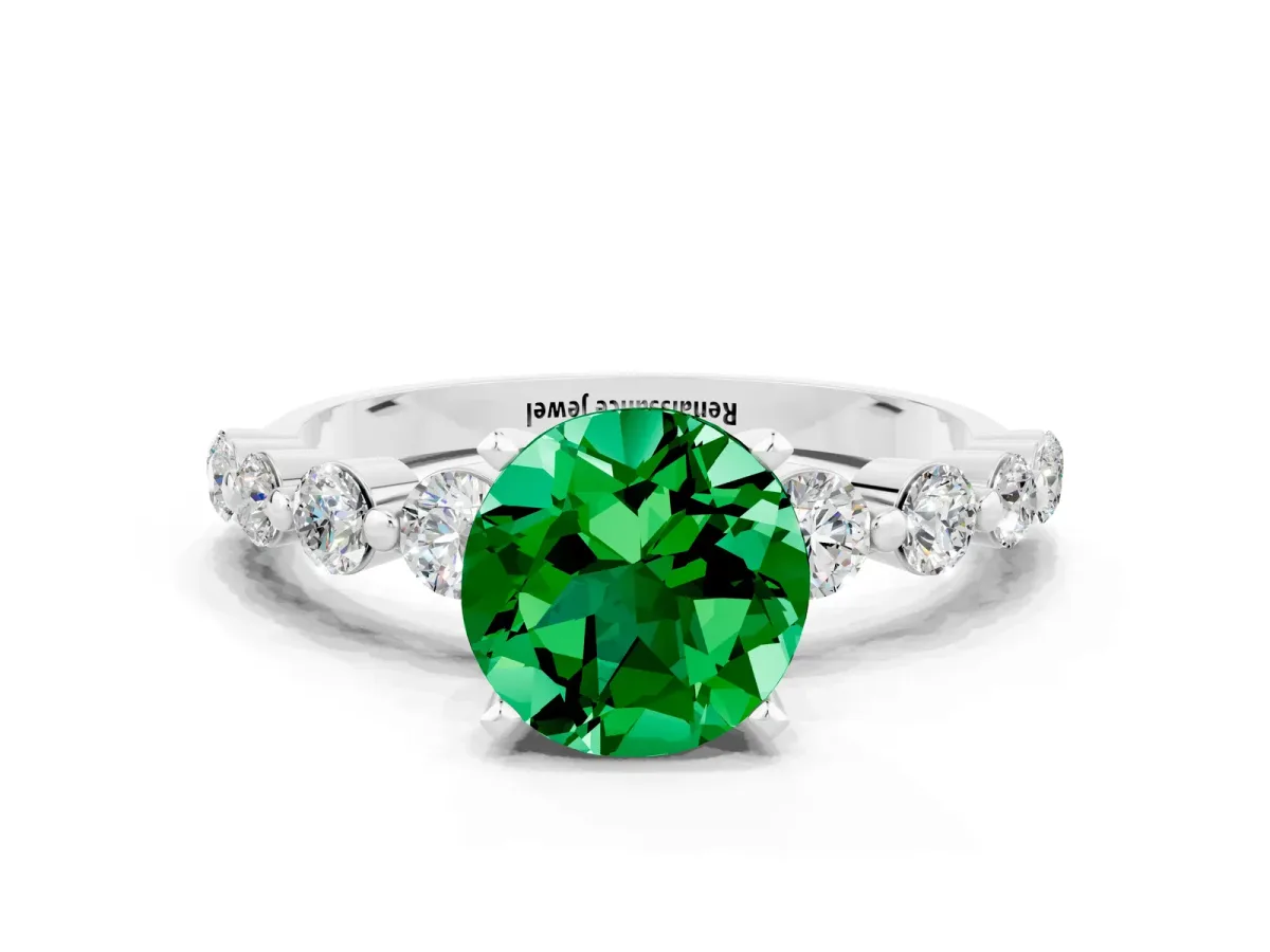 Round Cut Solitaire Emerald Ring with Pave Band and Four-Prong Setting Platinum
