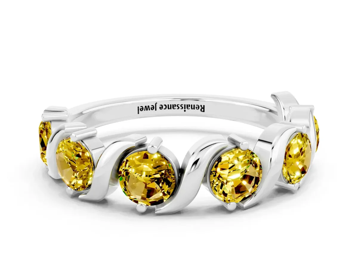 Six-Stone Round Yellow Sapphire Wave Band with Shared Prong Setting Silver