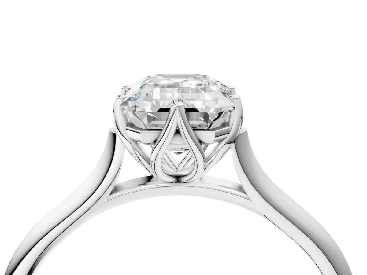Emerald Cut Solitaire Cathedral Diamond Ring with Six-Prong Setting Silver