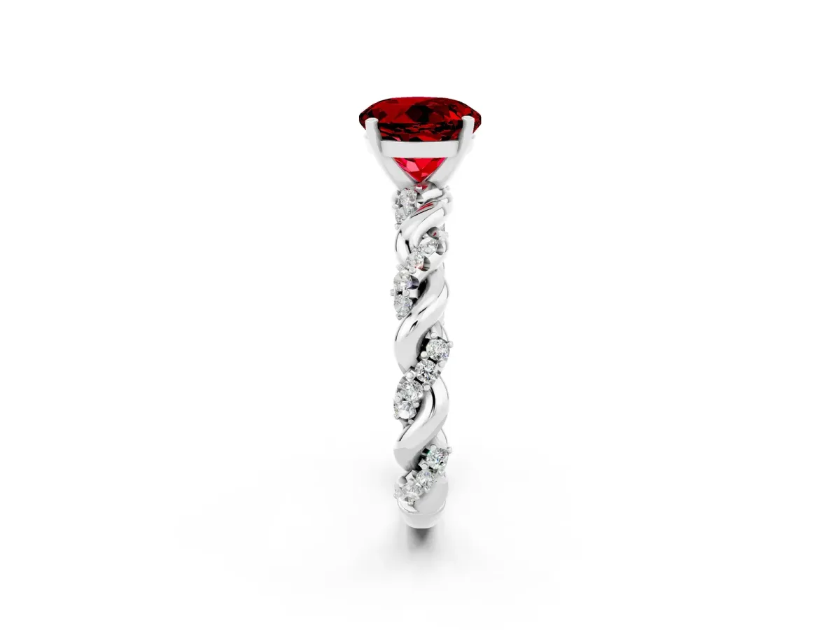 Round Cut Ruby Solitaire Ring with Twisted Band and Pavé Accents Silver