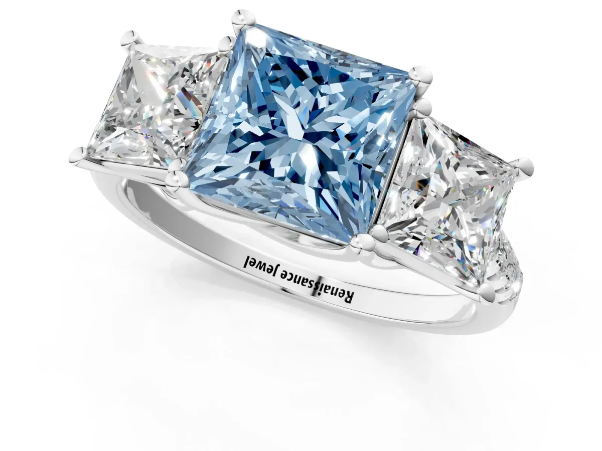 Fancy Blue Three-Stone Princess Cut Diamond Ring with Round Pavé Band and Prong Setting Silver