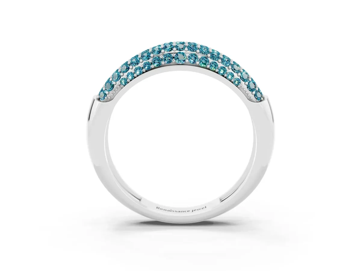 Three-Row Pavé Round Blue Topaz Dome Band Platinum
