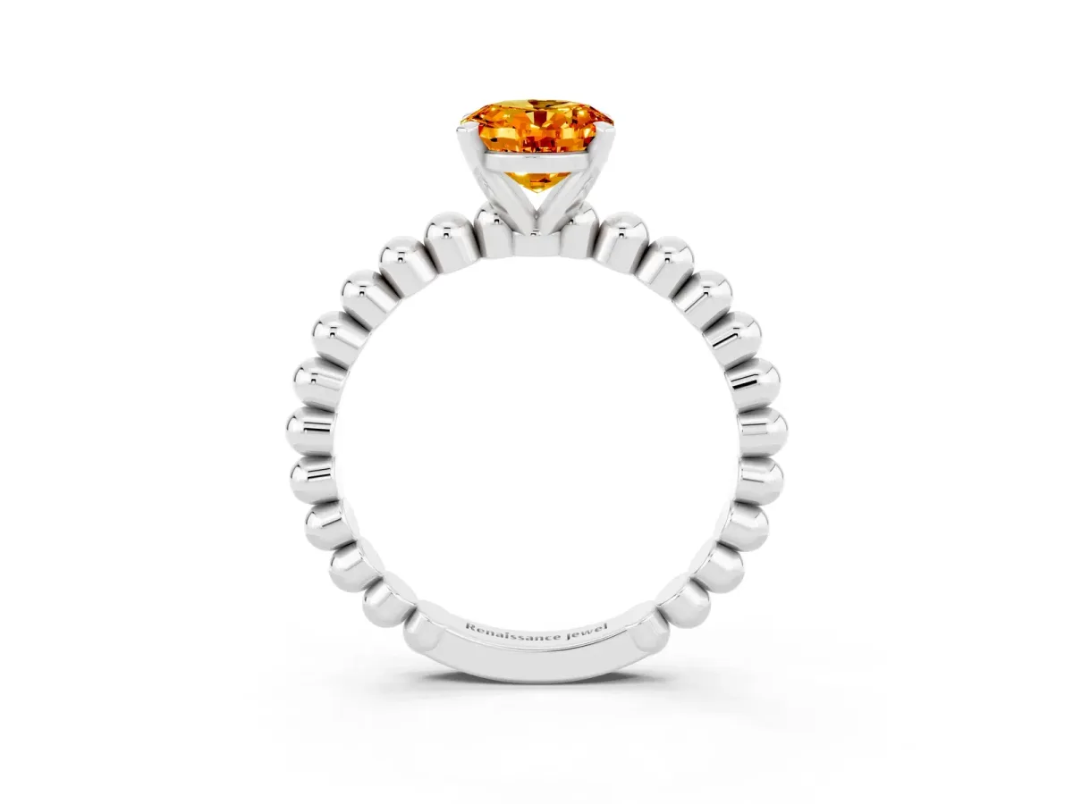 Oval Cut Citrine Solitaire Ring with Beaded Band and Prong Setting Silver