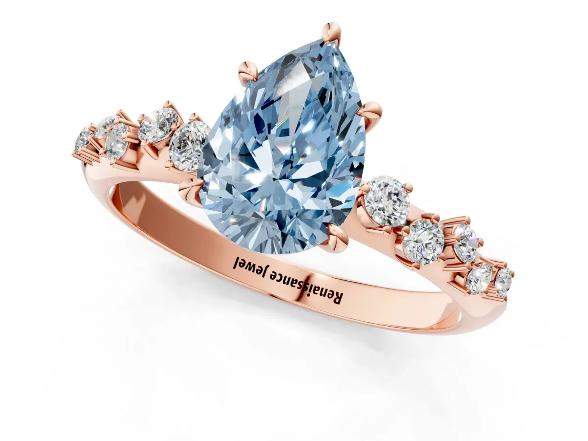 Fancy Blue Pear Cut Diamond Cluster Side Stone Solitaire Ring with Prong Setting Rose gold