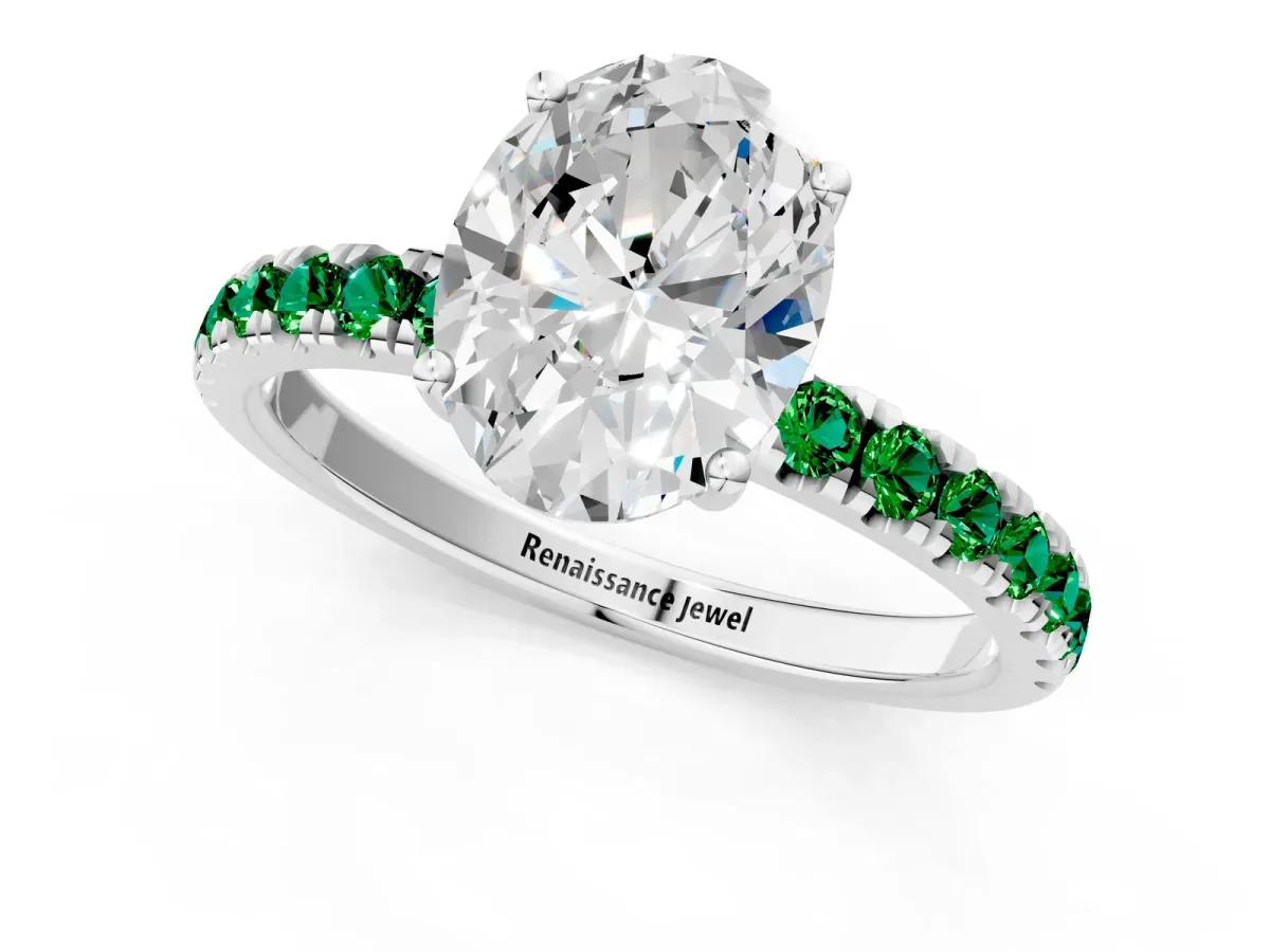 Oval Cut Diamond Pave Band Solitaire Ring with Round Emerald and Prong Setting Silver