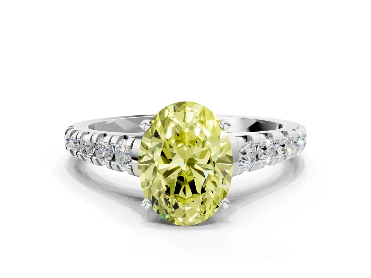 Fancy Yellow Oval Cut Diamond Cathedral Solitaire Ring with Round Pavé Band Platinum
