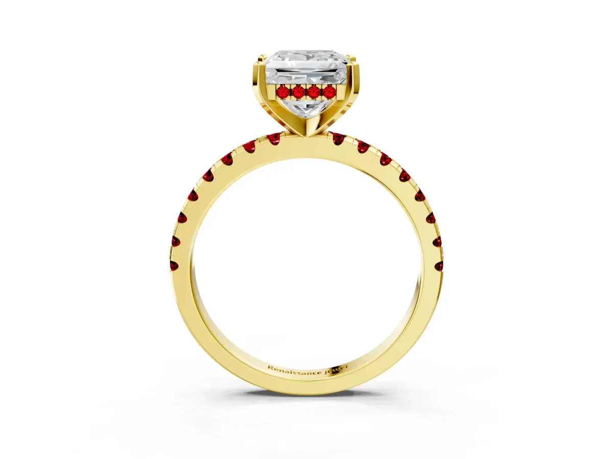 Princess Cut Diamond Solitaire Ring with Round Ruby Pavé Band and Four-Prong Setting Yellow gold