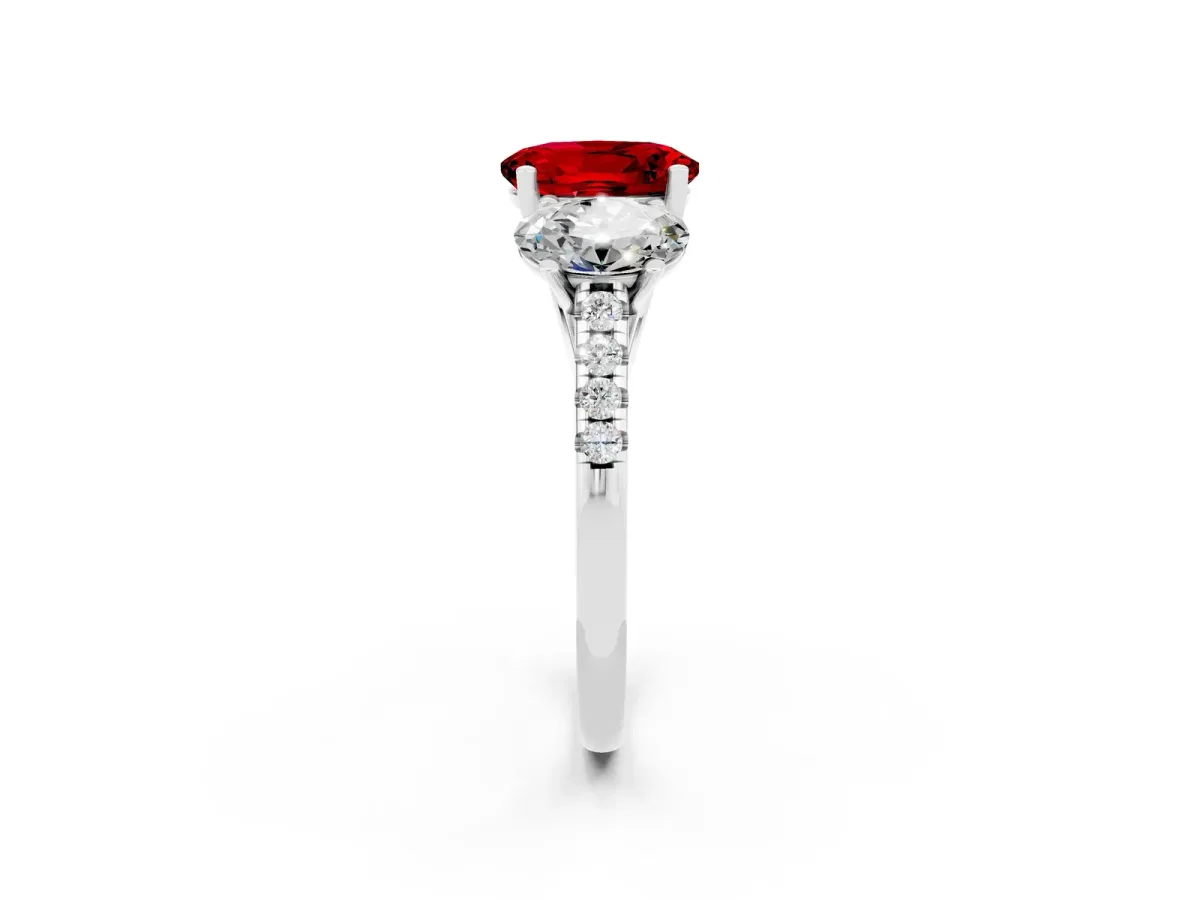 Three-Stone Oval Cut Ruby Ring with Round Pavé Band and Prong Setting Silver