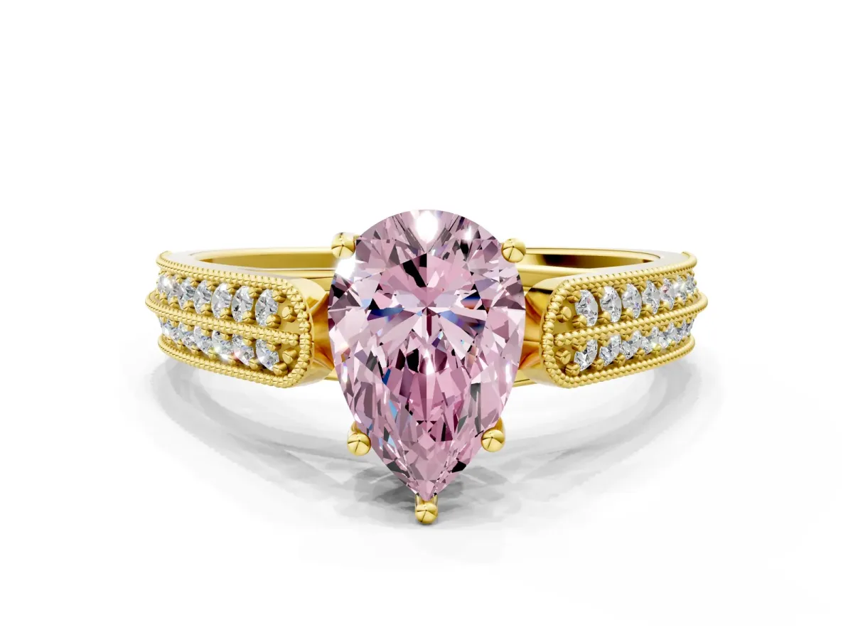 Fancy Pink Pear Cut Cut Pave Split Shank Engagement Ring with Four-Prong Setting Yellow gold