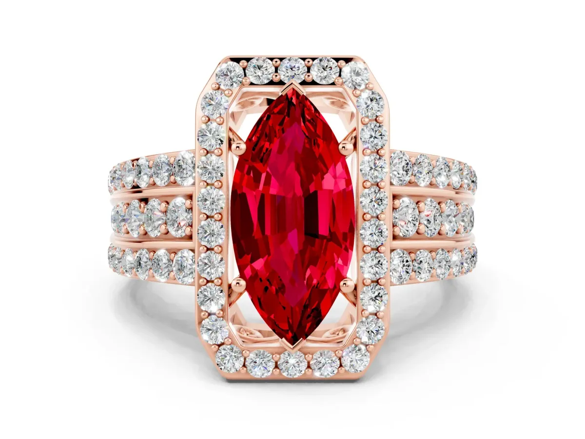 Marquise Cut Halo Ruby Ring with Round Split Shank and Prong Setting Rose gold
