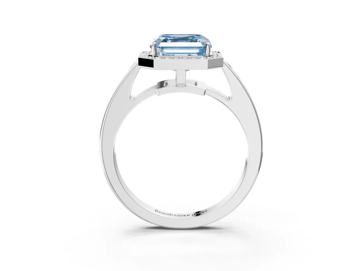 Fancy Blue Asscher Cut Halo Pavé Diamond Engagement Ring with Bezel Setting Silver