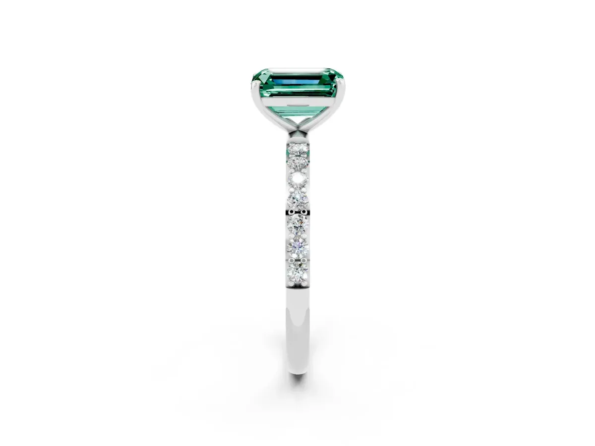 Emerald Cut Green Sapphire Solitaire Ring with Round Pavé Shoulders and Prong Setting Silver