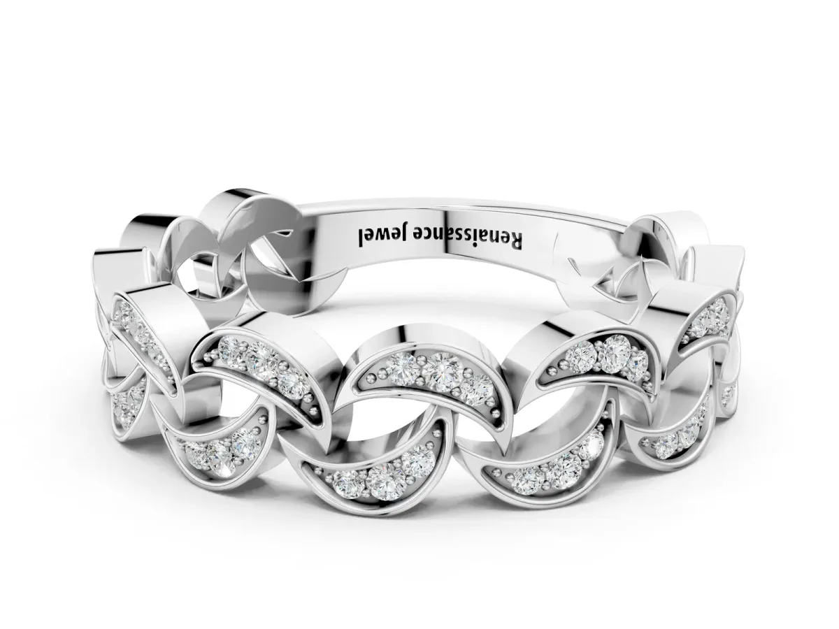 Pavé Round Diamond Interlocking Eternity Band with Bezel Prong Setting Silver