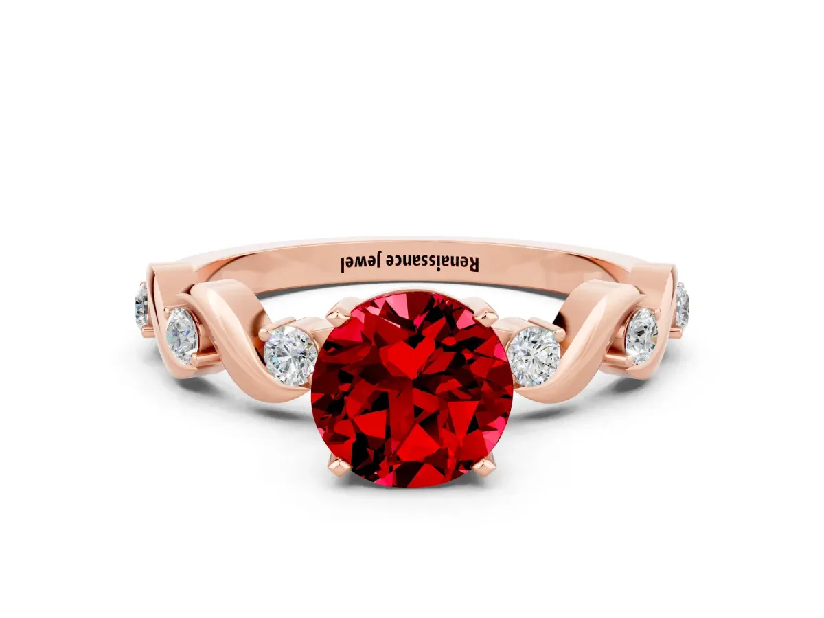 Round Cut Ruby Solitaire Twisted Band with Round Accents and Prong Setting Rose gold