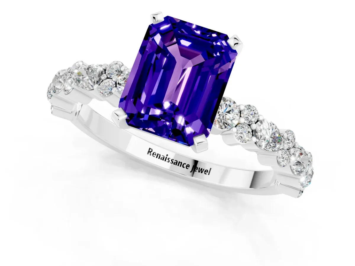 Emerald Cut Tanzanite Side Stone Solitaire Ring with Round and Four-Prong Setting White gold
